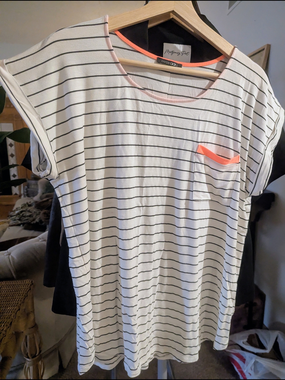 Papermoon White Black Striped Short Sleeve Tee with Coral Trim